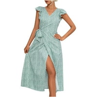 CETHRIO Ljetna haljina za žene- Ležerne prilike plus tiskani džepovi s V-izrezom Maxi Duga haljina